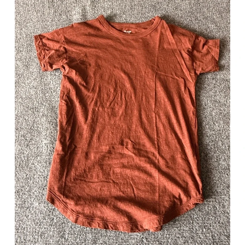 Madewell Whisper Cotton Crewneck Tee Rust Brown Slub Knit Curved Hem XS